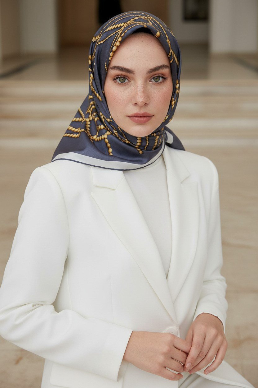 %100 Twill İpek İnci Desenli Gri Renkli 90x90 Eşarp Kenar Dikiş Şekli : El Dikişli
