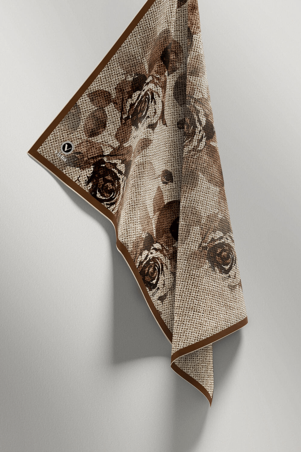 Twill Gül Desenli Bej Renkli 90x90 Eşarp (İpek İçermez) Kenar Dikiş Şekli El Dikişli