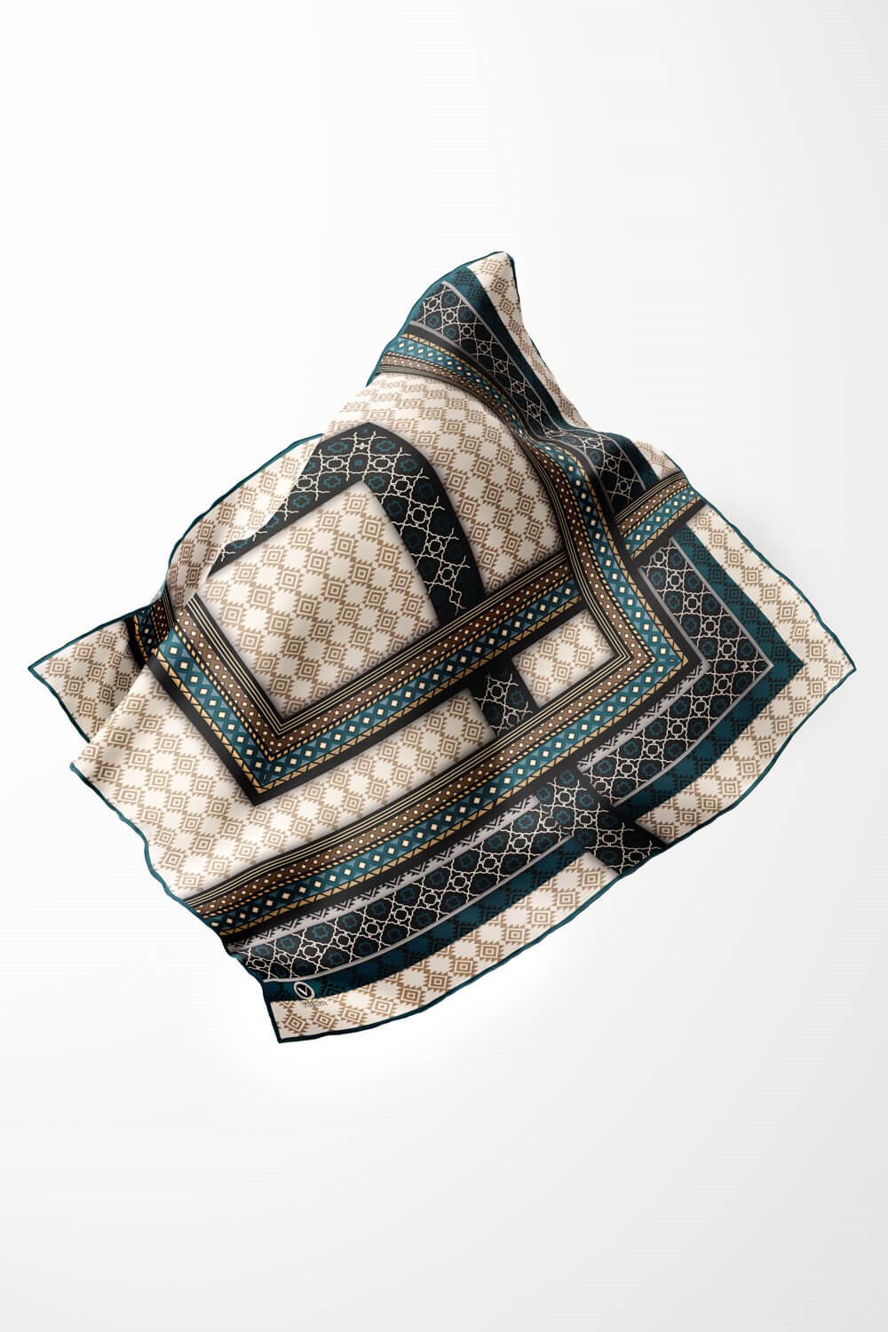 Twill Etnik Desenli Petrol Mavisi Renkli 90x90 Eşarp (İpek İçermez) Kenar Dikiş Şekli El Dikişli