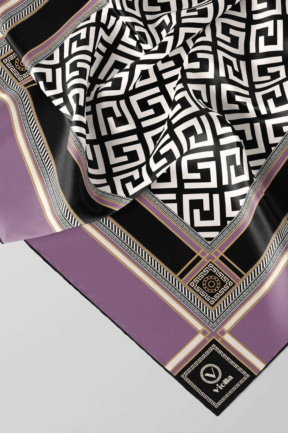 Twill Antik Desenli Lila Renkli 90x90 Eşarp (İpek İçermez) Kenar Dikiş Şekli El Dikişli