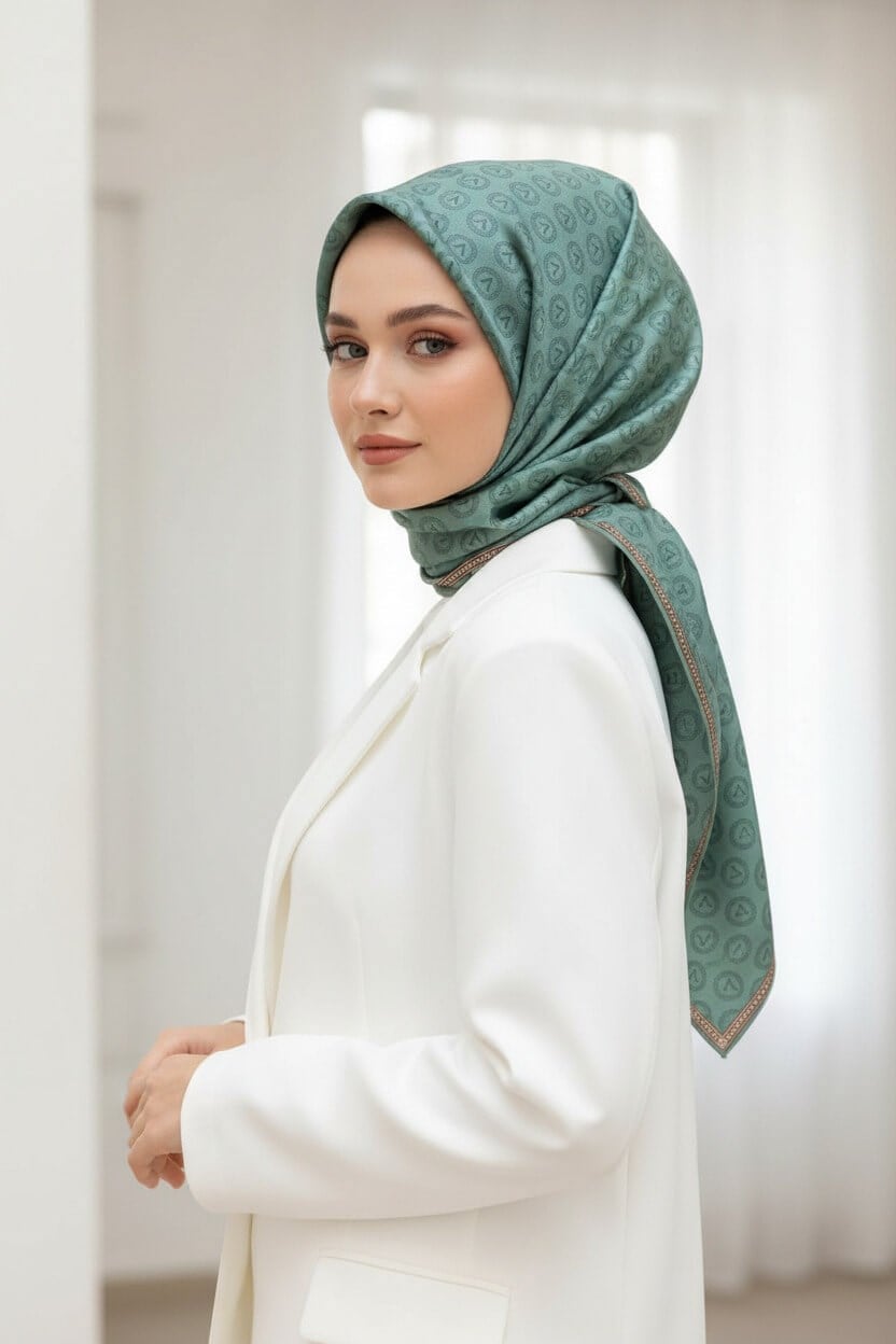 % 57 İPEK % 43 VİSKON Twill İpek Monogram Desenli Benetton Yeşili Renkli 90x90 Eşarp Dikim Şekli : El Dikişi
