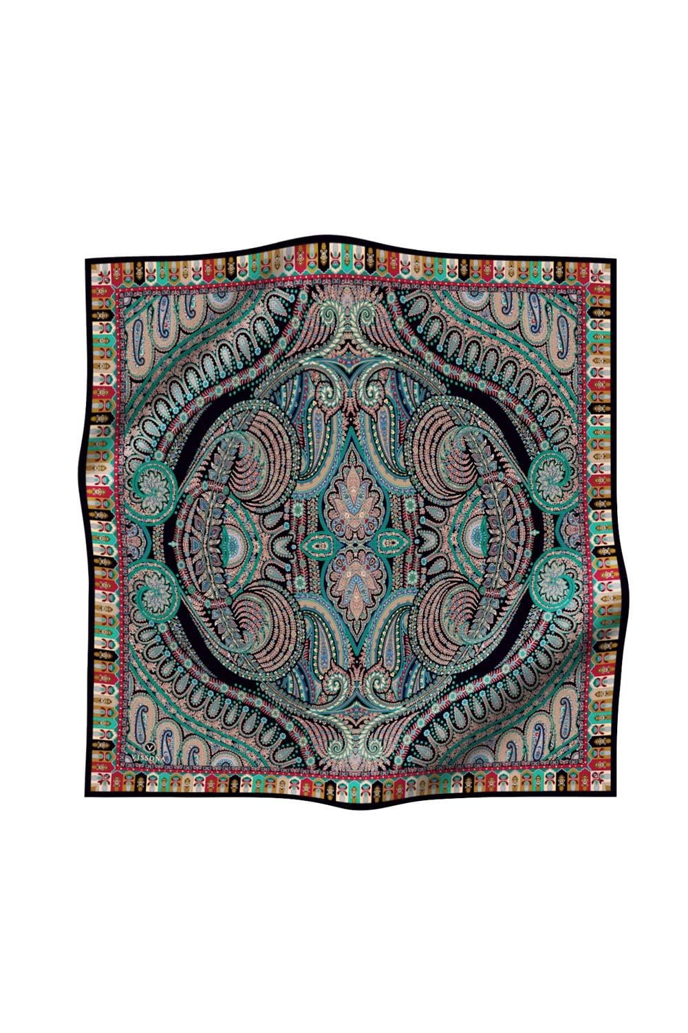 %100 Twill İpek Etro Desenli Siyah - Turkuaz Renkli 90x90 Eşarp Dikim Şekli : El Dikişi