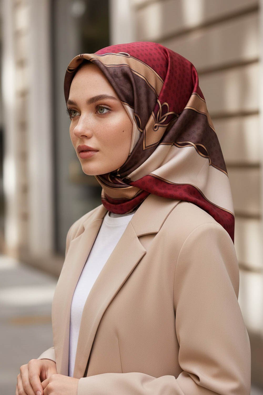 %100 Twill İpek Puantiyeli ve Geometrik Desenli Bordo - Vizon Renkli 90x90 Eşarp Dikim Şekli : El Dikişi