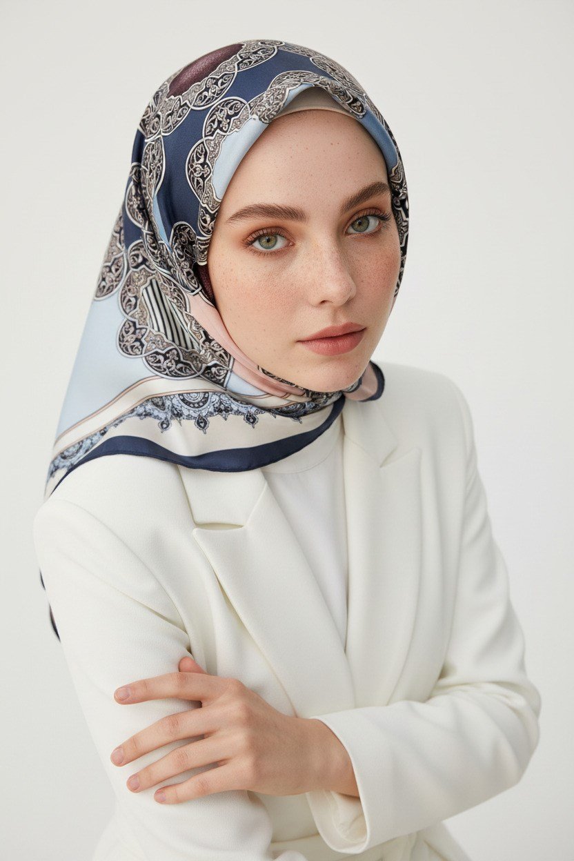 %100 Twill Türk Motifi  Desenli Pudra - Bebe Mavisi Renkli 90x90 Eşarp Dikim Şekli: El Dikişi