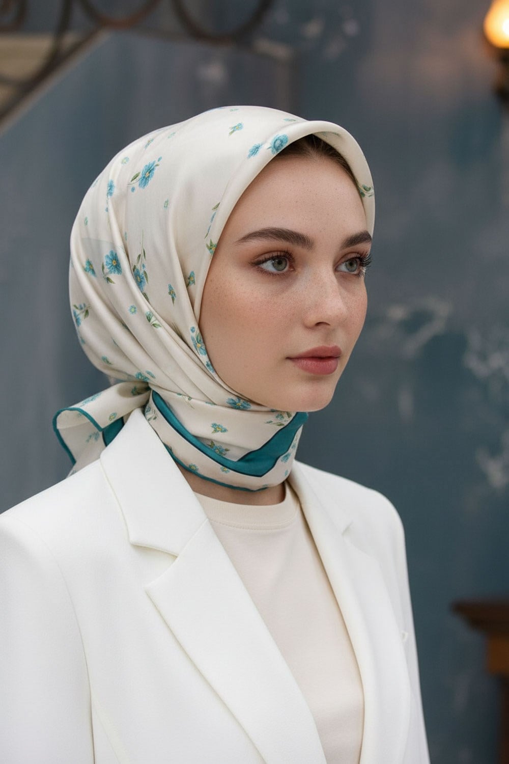 100% Twill İpek Bordürlü Çıtır Çiçek Desenli Petrol Yeşili Renkli 90x90 Dikim Şekli : El Dikişi Eşarp