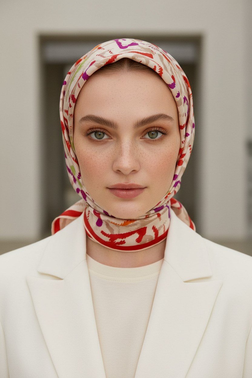 %100 Twill İpek Geometrik Desenli Kırmızı- Mürdüm Renkli 90x90 Eşarp Dikim Şekli : El Dikişi
