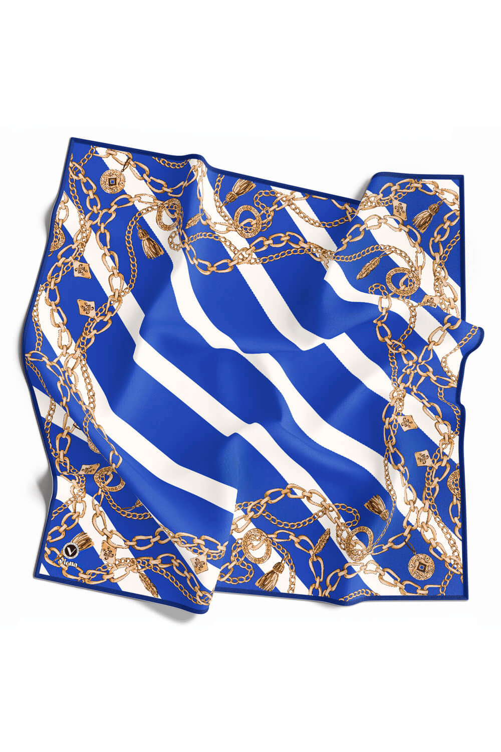 Twill Çizgili Zincir Desenli Saks Renkli 90x90 Eşarp (İpek İçermez) Kenar Dikiş Şekli El Dikişli