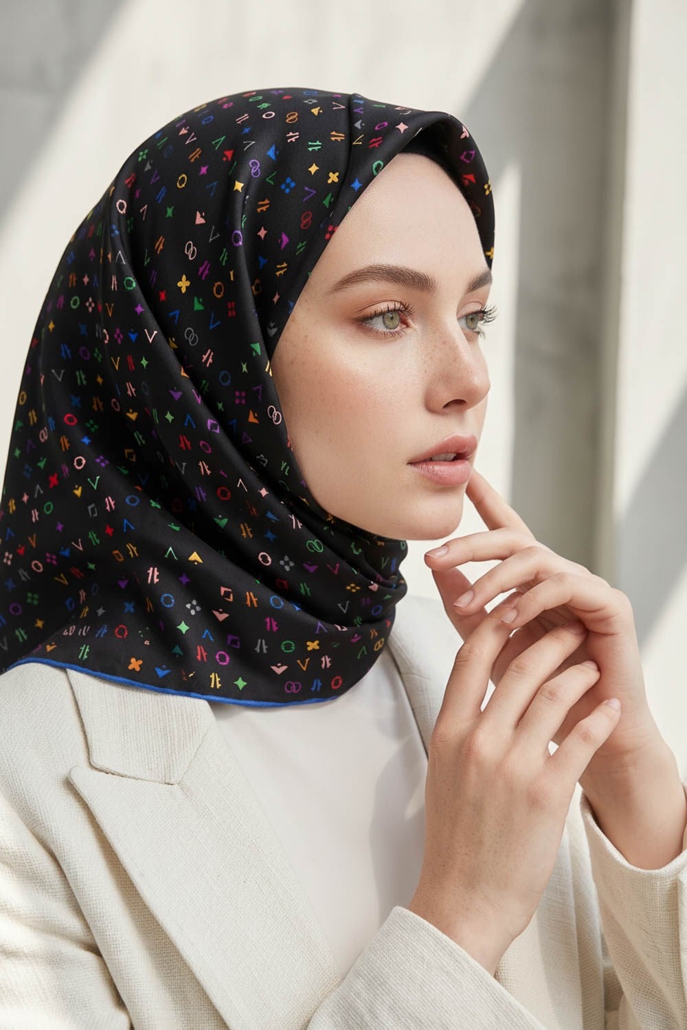 %100 Twill İpek Çıtır Motif Desenli Siyah - Saks Renkli 90x90 Eşarp Dikim Şekli : El Dikişi