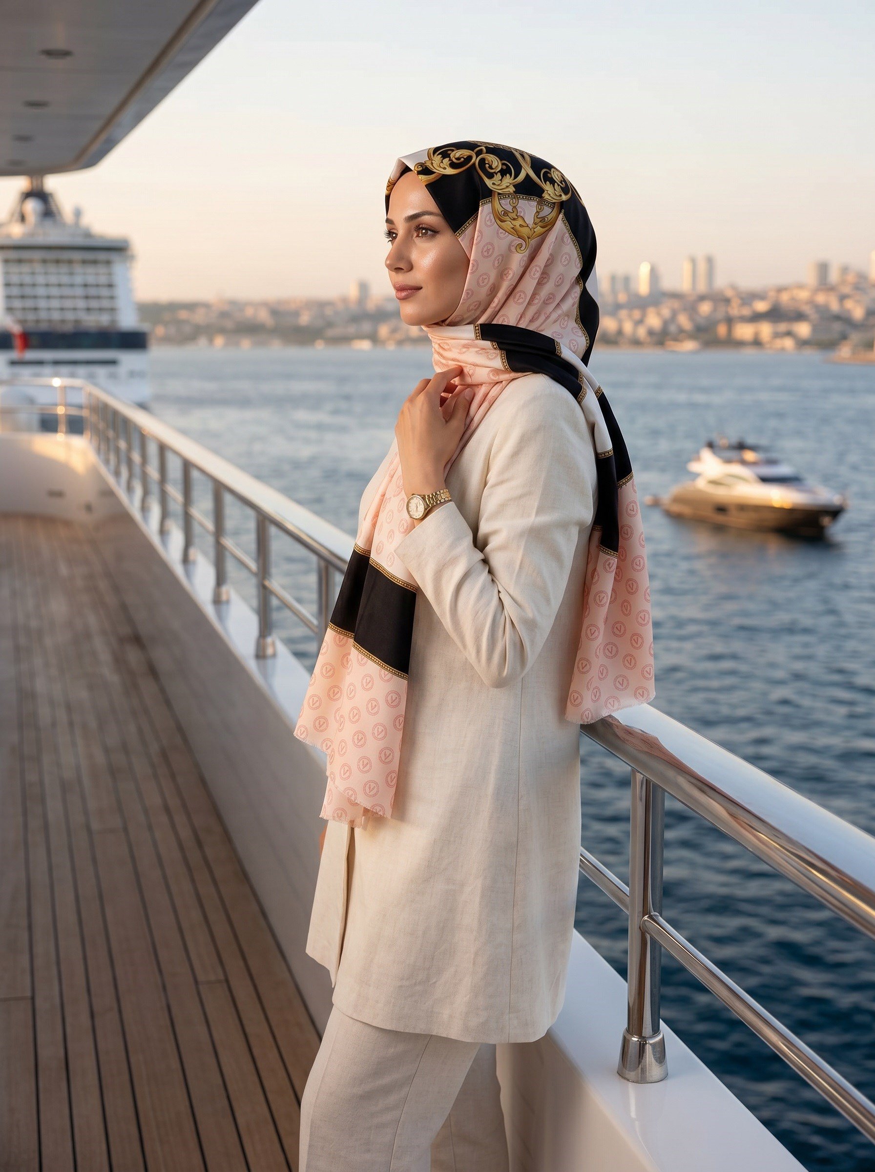 %100 Saf İpek Şal İnce Saten Vual Dokuma Monogram Ve Varak Desenli Somon - Gold Renkli 90x210 Şal