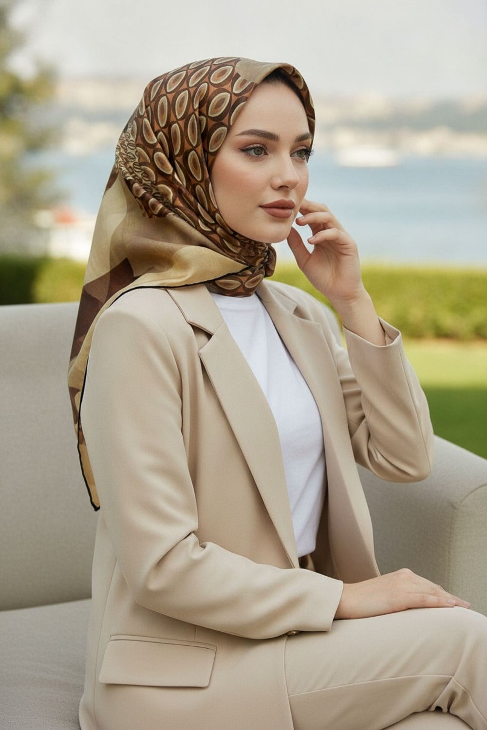 %100 Twill İpek Geometrik Desenli Gül Kurusu - Vizon Renkli 90x90 Eşarp Eşarp Kenar Dikiş Şekli El Dikişli