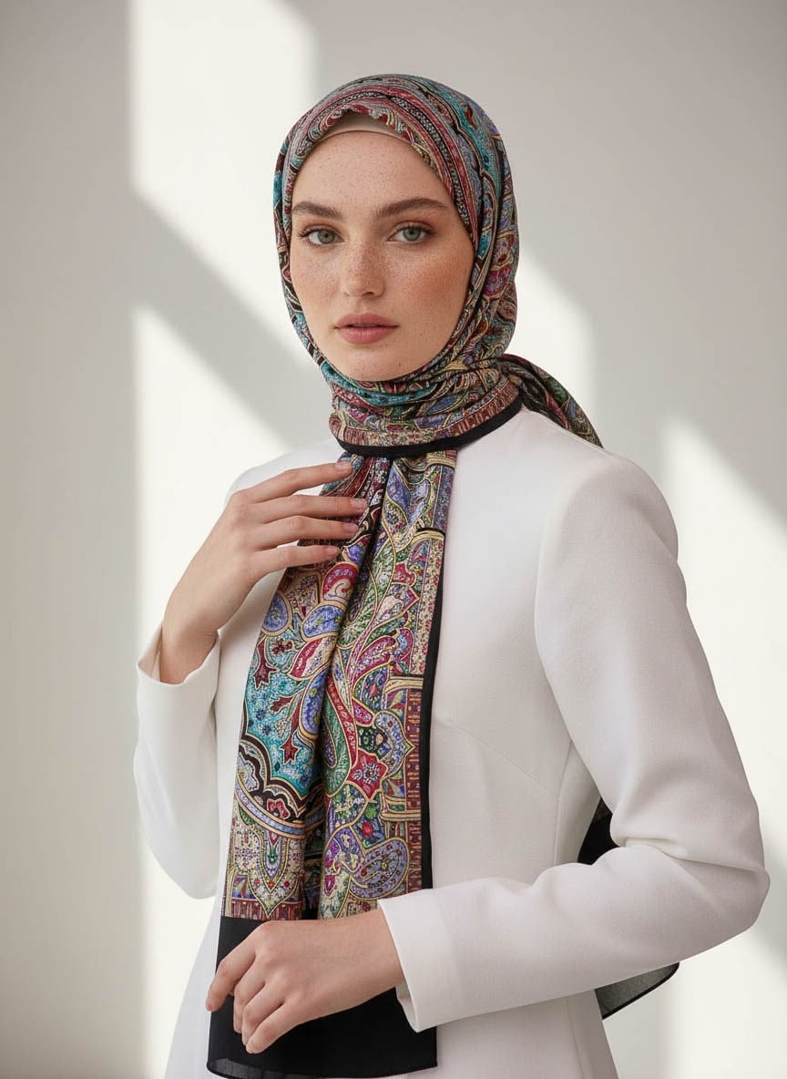 %100 Saf İpek Şal İnce Saten Vual Dokuma Etnik Desenli Siyah - Zümrüt Yeşili Renkli 90x210 Şal