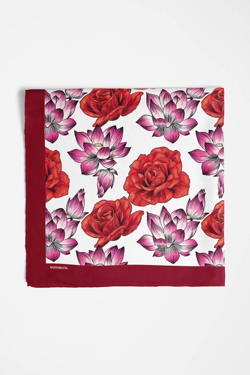 Violla Y57 Kadın Çiçek Desenli Bandana 50x50 Kırmızı DG0139-2