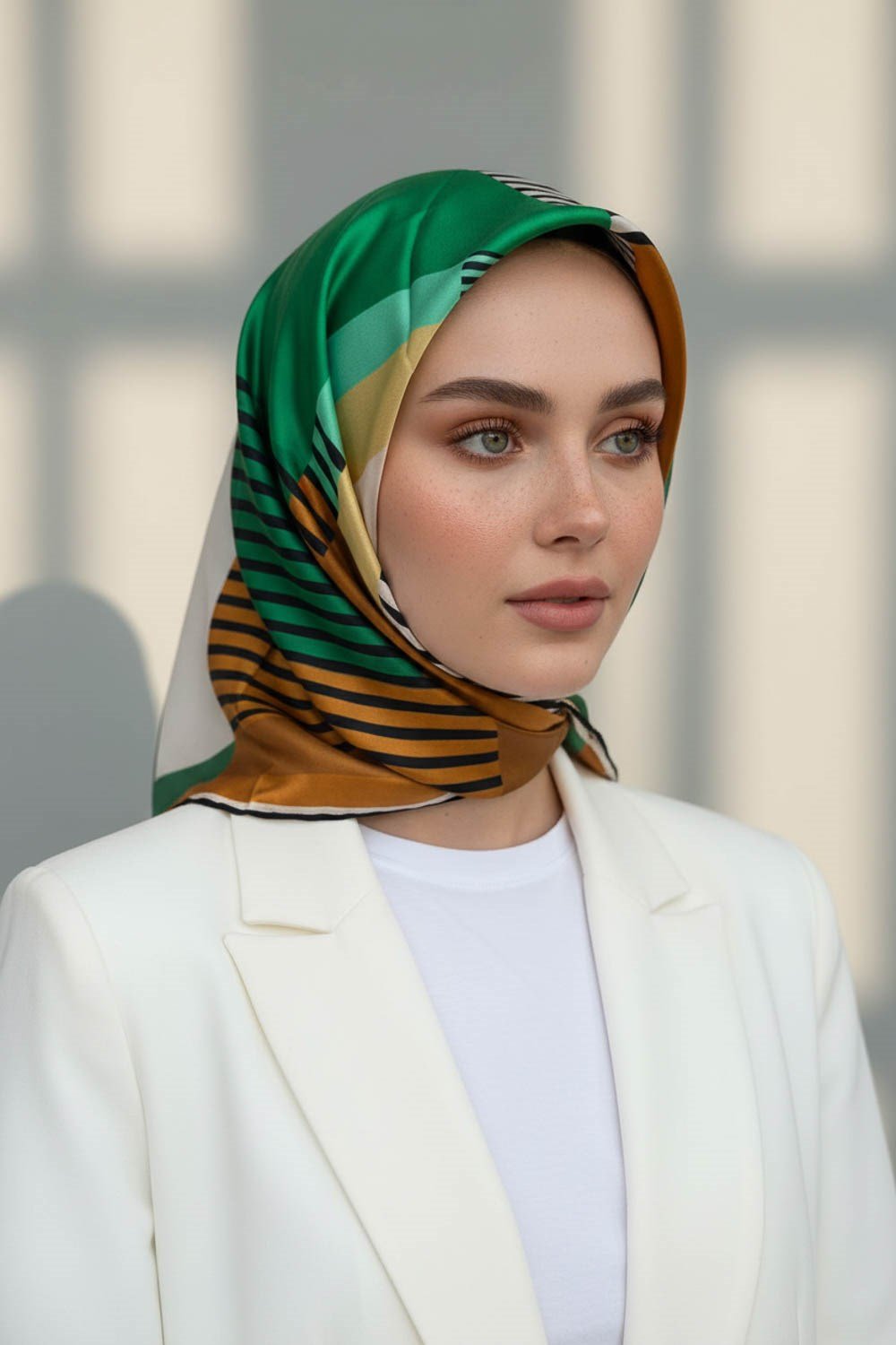 100% Twill İpek Geometrik Desenli Zümrüt Yeşili - Hardal Renkli 90x90 Dikim Şekli : El Dikişi Eşarp