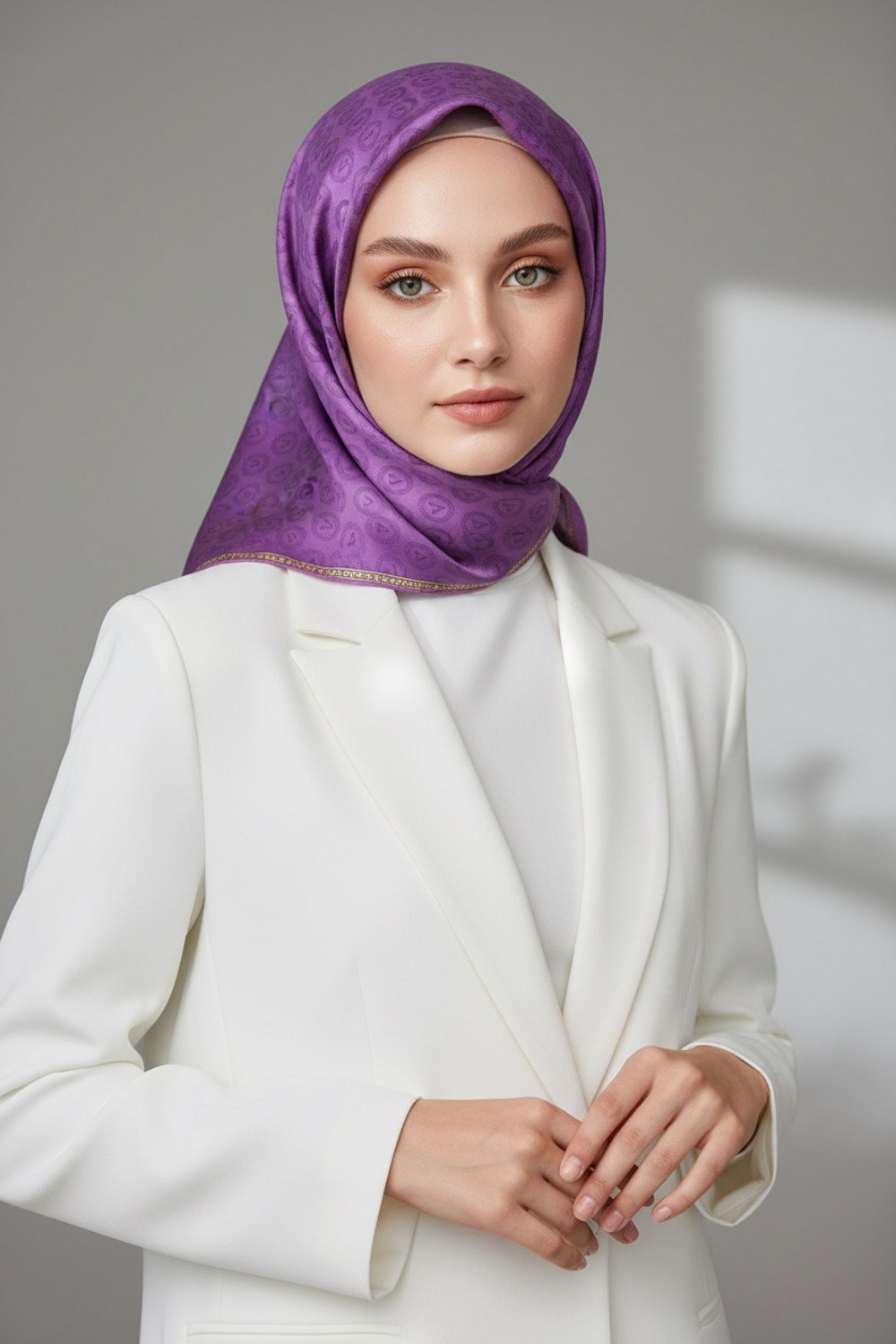 % 57 İPEK % 43 VİSKON Twill İpek Monogram Desenli Mor Renkli 90x90 Eşarp Dikim Şekli : El Dikişi