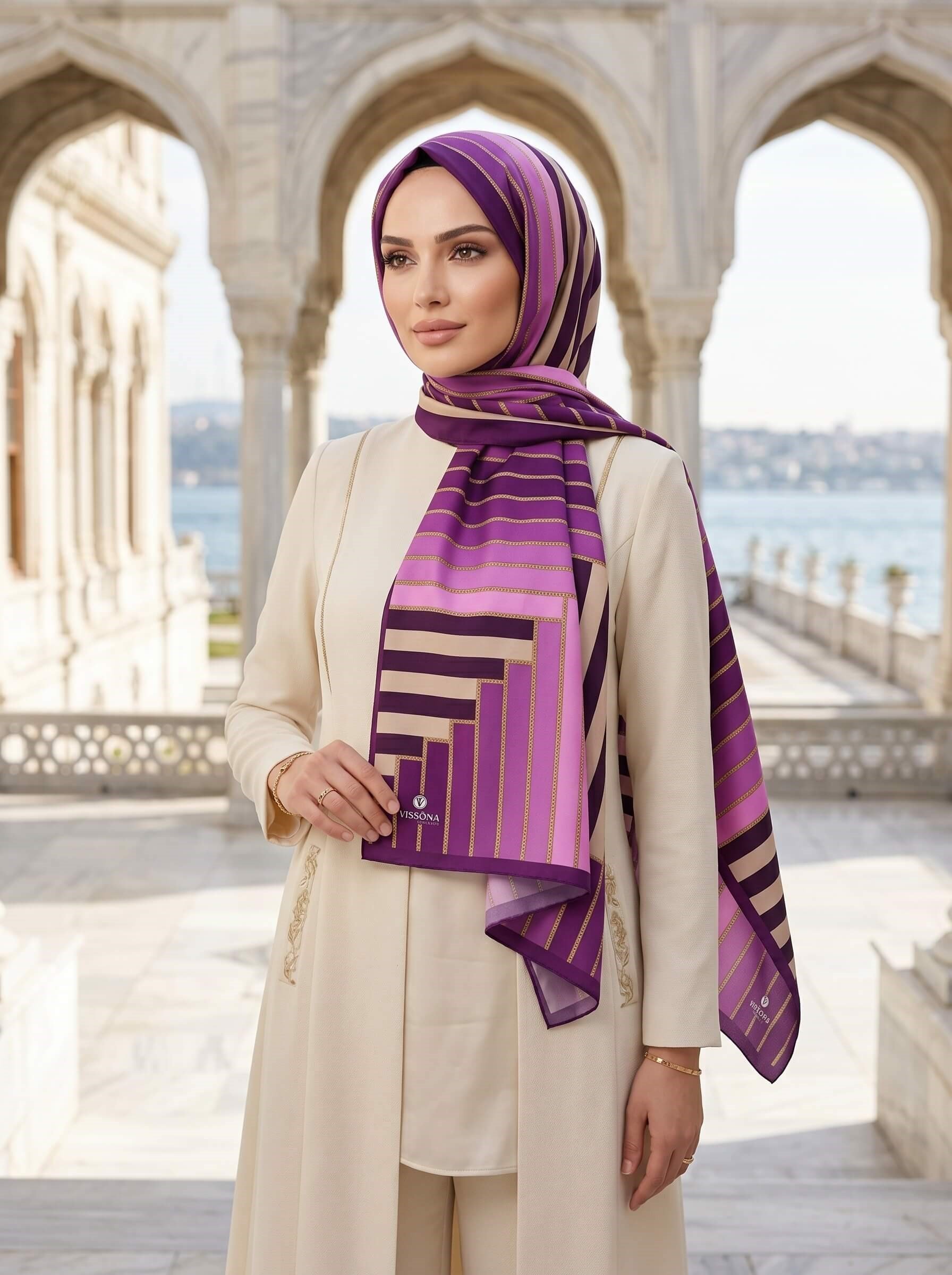 %100 İpek Şerit Desenli Mürdüm - Pembe Renkli 92x210 Şal
