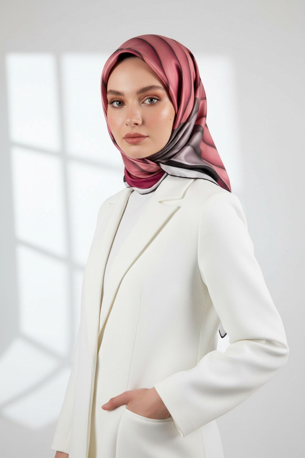 Rayon Zikzak Çizgi Desenli Pembe Renkli 90x90 Eşarp (İpek İçermez) Dikim Şekli : El Dikişi