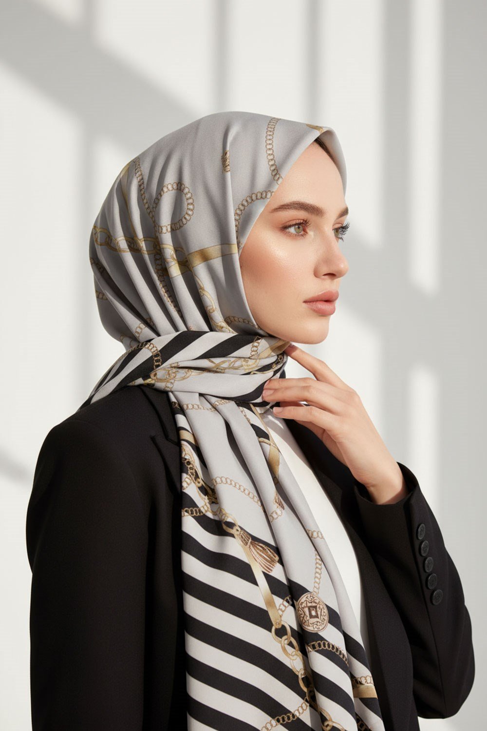 KREP ÇİZGİLİ DESENLİ GRİ RENKLİ 75X195 KIRIŞMAZ ŞAL