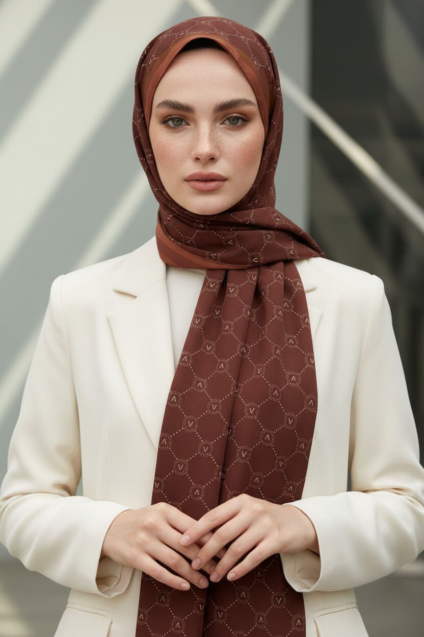 KREP MONOGRAM DESENLİ TABA RENKLİ 75X195 KIRIŞMAZ ŞAL