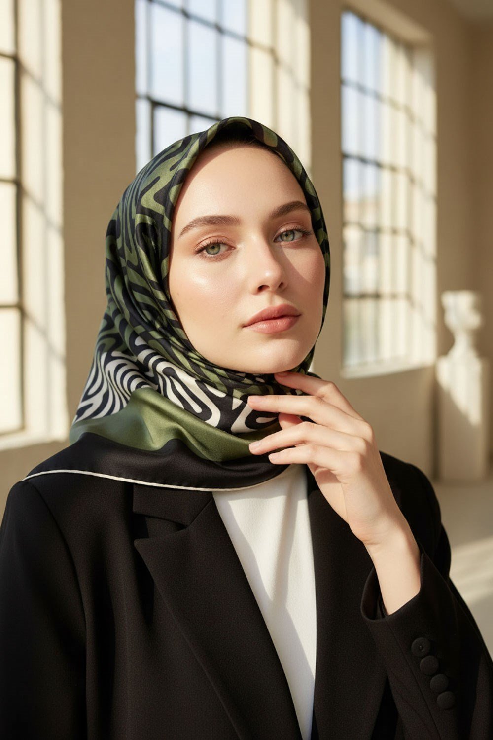 100% Twill İpek Bordürlü Dalga Desenli Siyah - Haki Renkli 90x90 Dikim Şekli : El Dikişi Eşarp