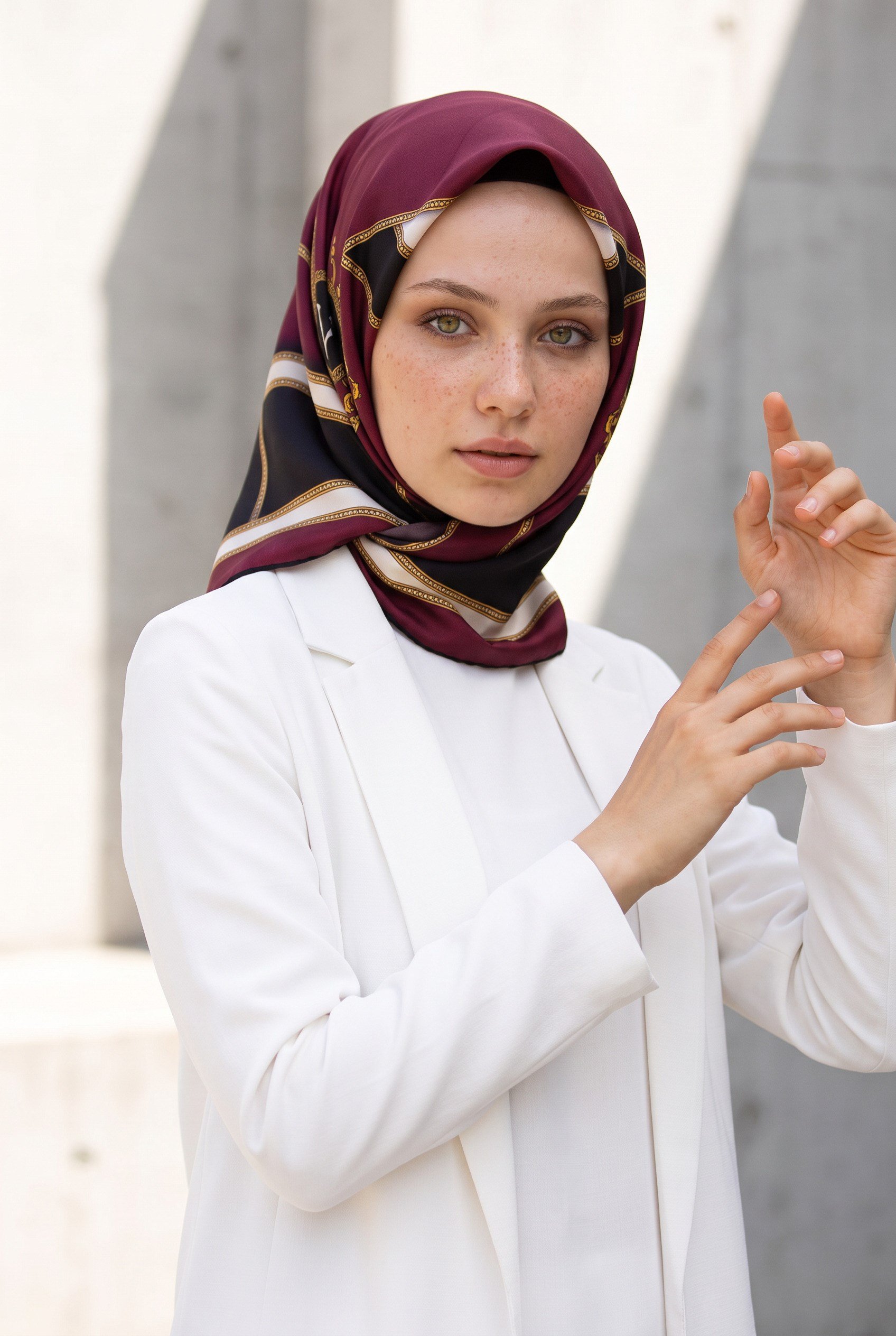 %100 Twill İpek Baroklu Ve Geometrik Desenli Bordo - Siyah Renkli 90x90 Eşarp Dikim Şekli : El Dikişi