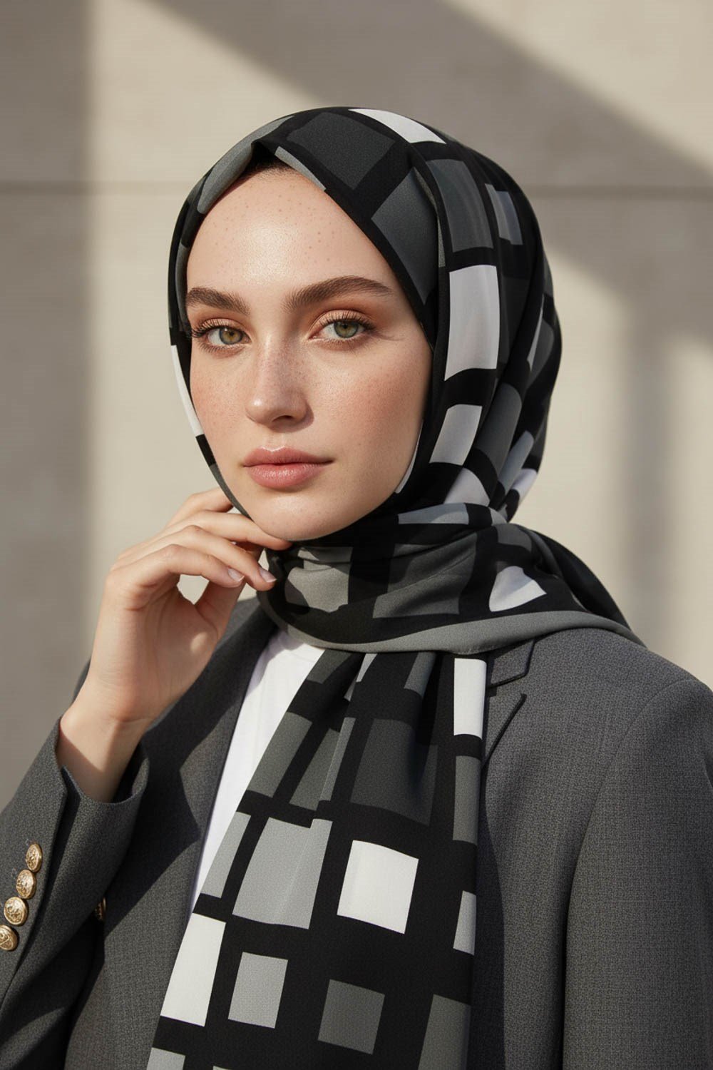 KREP KARE DESENLİ GRİ RENKLİ 75X195 KIRIŞMAZ ŞAL