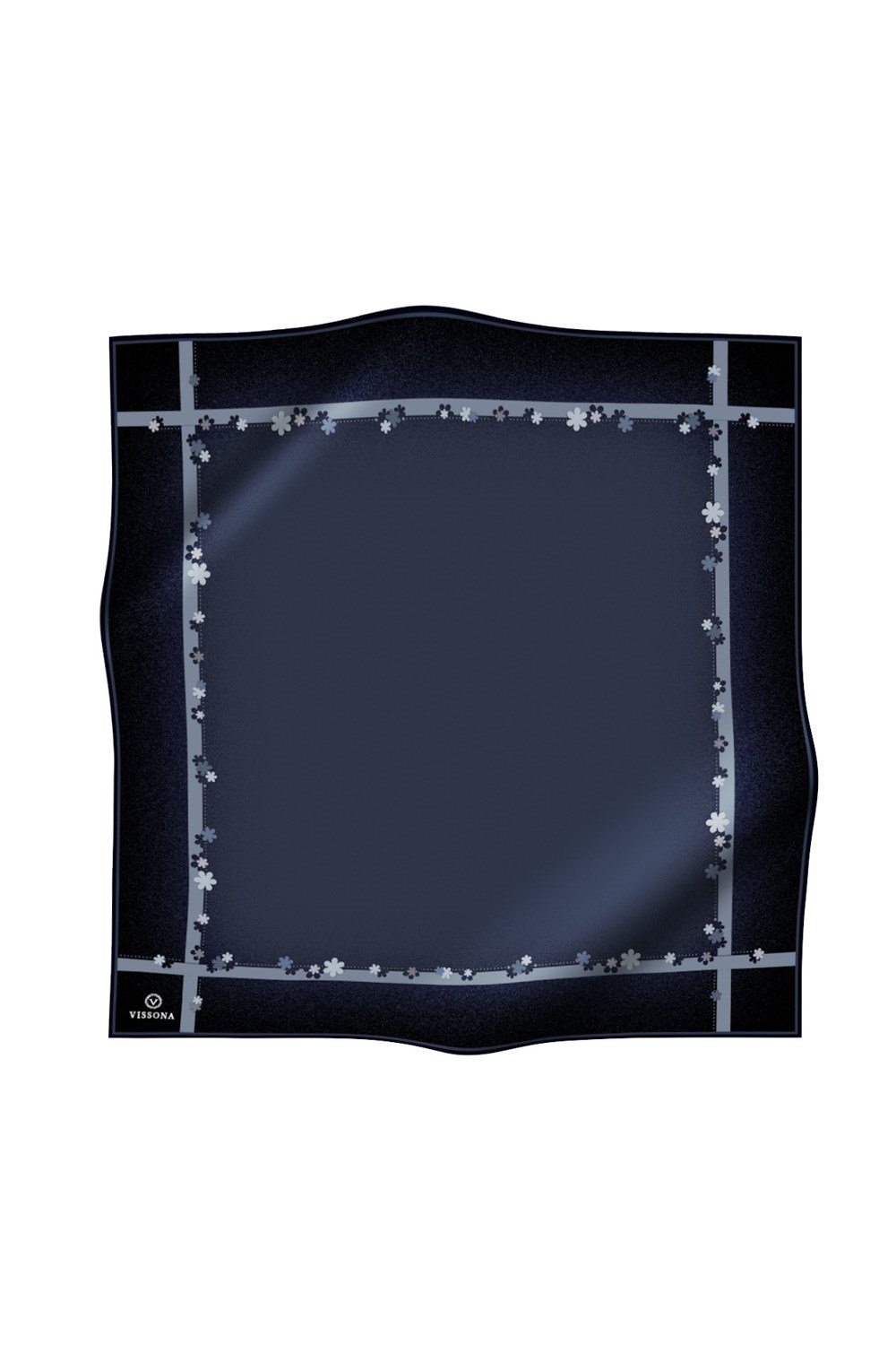 %100 Twill İpek Kenar Motifi Çiçek Desenli İndigo - Lacivert Renkli 90x90 Eşarp Dikim Şekli : El Dikişi