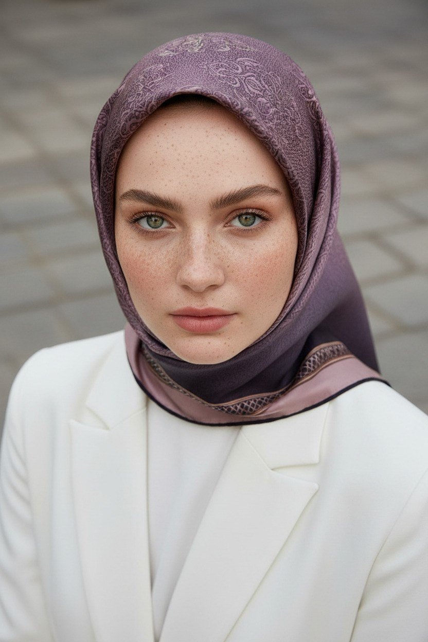 %100 Twill İpek Eşarp 90x90 Pudra Barok Desenli El Dikişli Kadın Eşarp