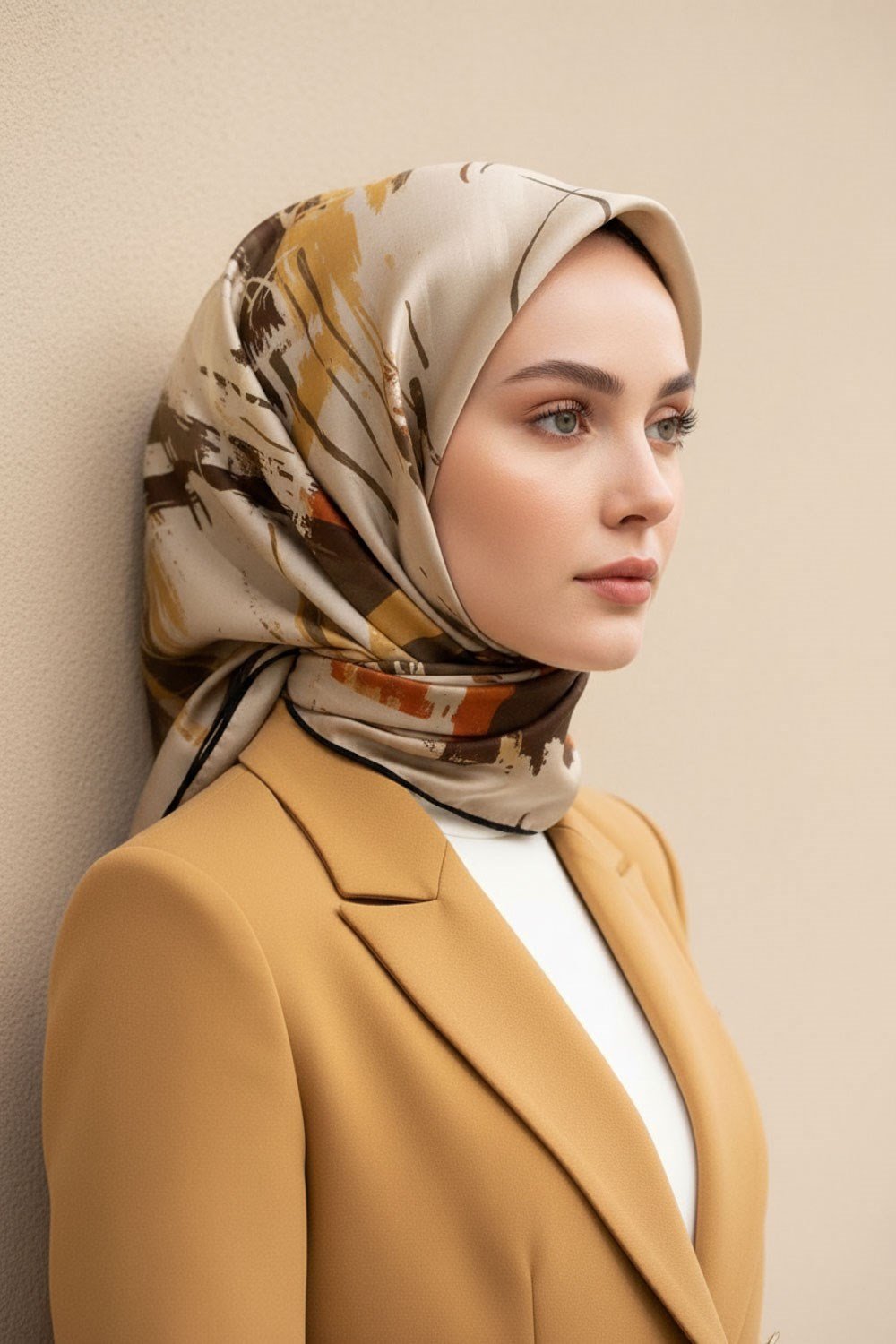 %100 Twill İpek Geometrik Desenli Bej - Taba Renkli 90x90 Eşarp Dikim Şekli : El Dikişi