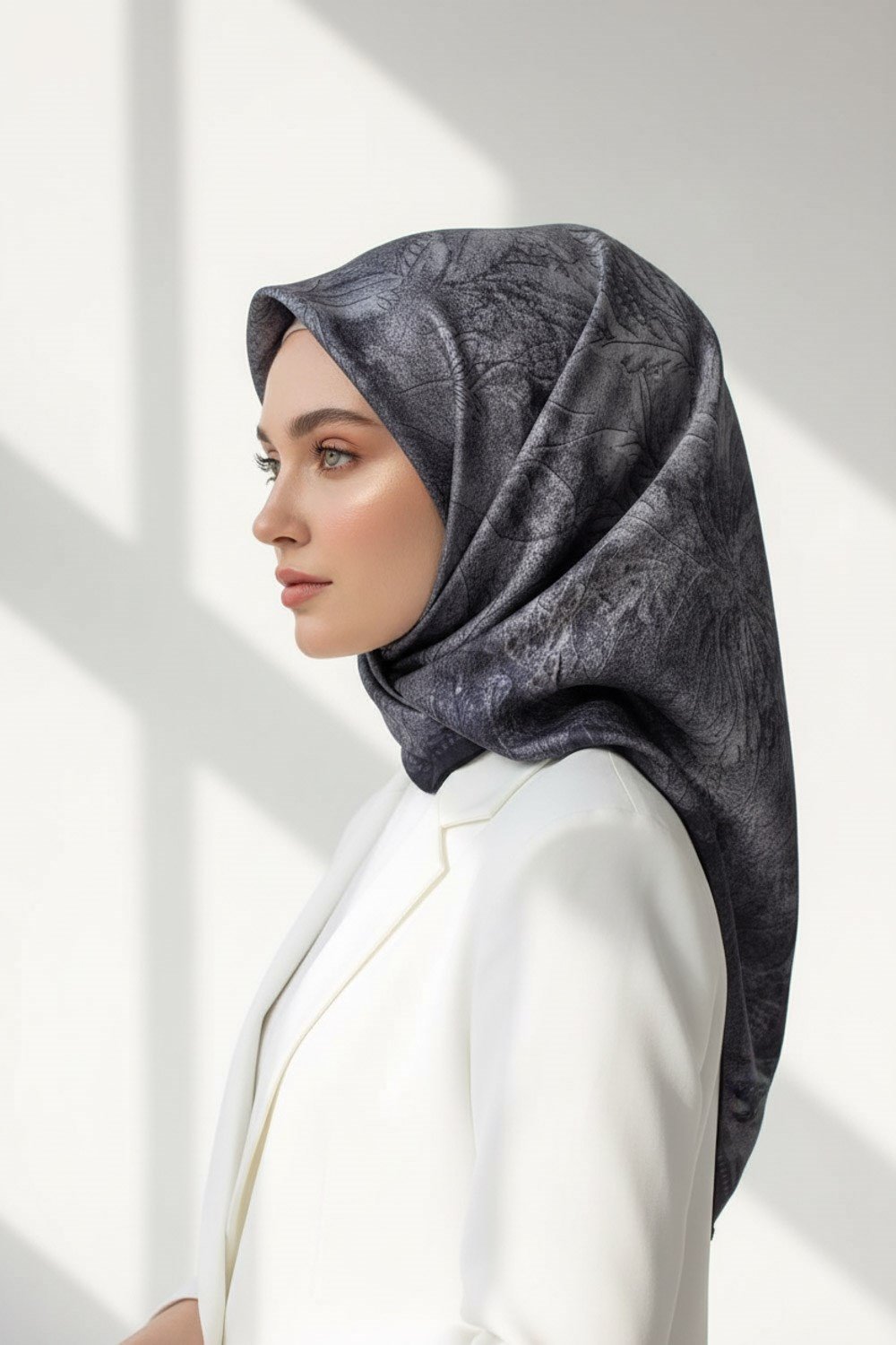 % 57 İpek % 43 Viskon Twill İpek Degradeli Yaprak  Desenli Gümüş Renkli 90x90 Eşarp Dikim Şekli : El Dikişi