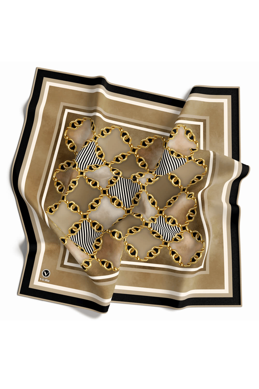 Twill Zincirli Geometrik Desenli Bej Renkli 90x90 Eşarp (İpek İçermez) Dikim Şekli : El Dikişi