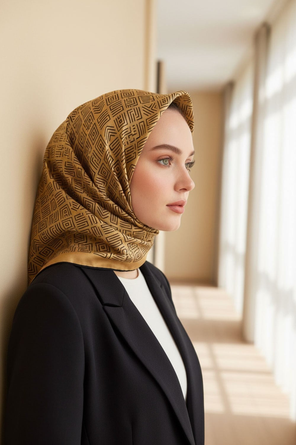 100% Twill İpek Etnik Motif Desenli Gold - Siyah Renkli 90x90 Dikim Şekli : El Dikişi Eşarp