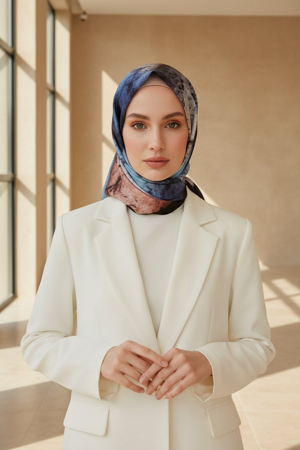 %100 Twill İpek Dokulu Ve Geometrik Desenli Gül Kurusu - İndigo Renkli 90x90 Eşarp Dikim Şekli : El Dikişi