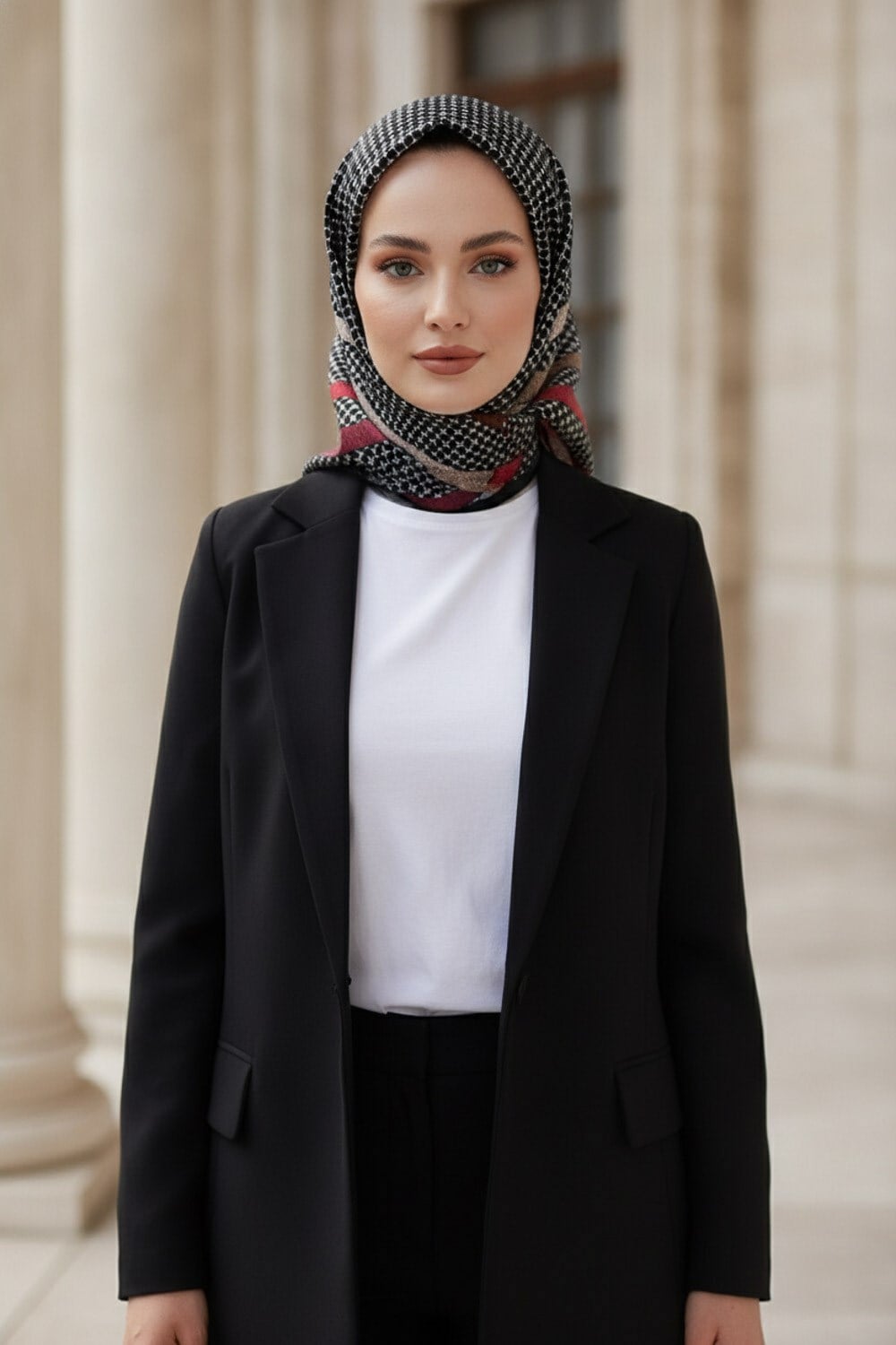 %100 Twill İpek Bantlı Monogram Desenli Siyah - Kırmızı Renkli 90x90 Eşarp Dikim Şekli : El Dikişi