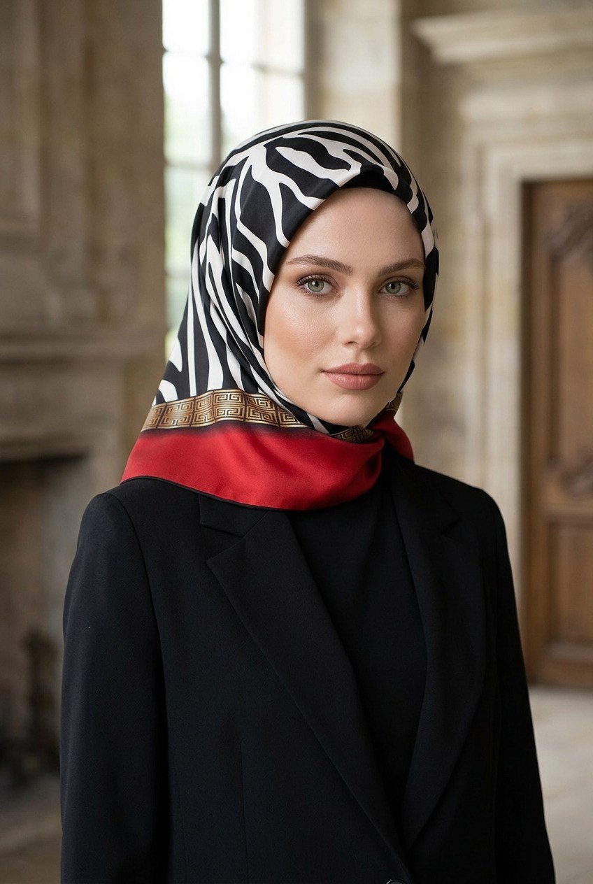 % 57 İPEK % 43 VİSKON Twill İpek Zebra Desenli Kırmızı - Siyah Renkli 90x90 Eşarp Dikim Şekli : El Dikişi