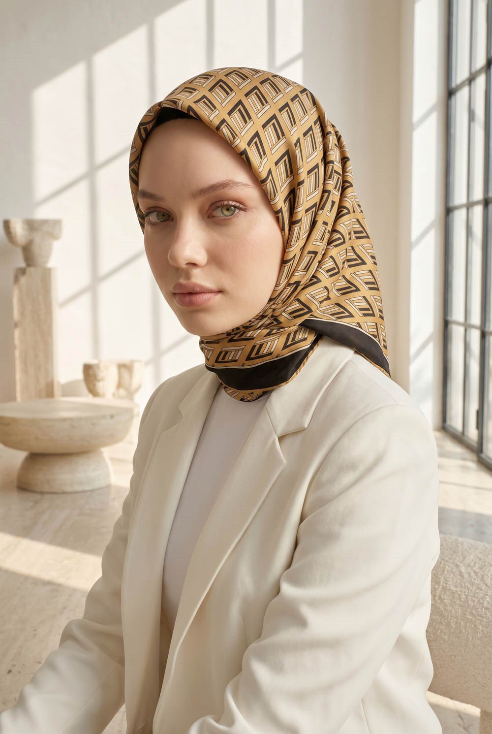 %100 Twill İpek Geometrik Desenli Gold- Siyah Renkli 90x90 Eşarp Dikim Şekli : El Dikişi