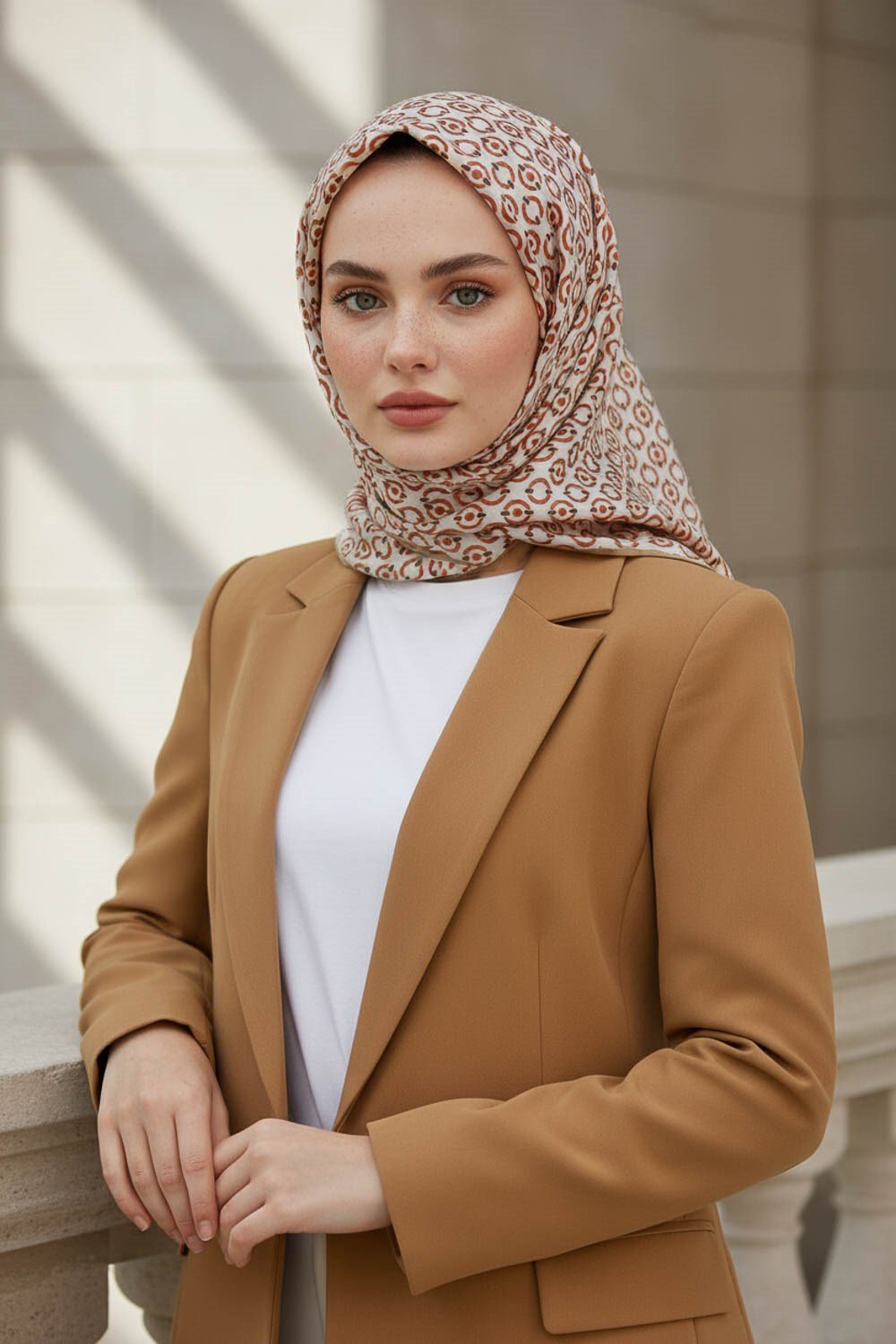 %100 Twill İpek Zincir Desenli Krem - Bakır Renkli 90x90 Eşarp Kenar Dikiş Şekli El Dikişli