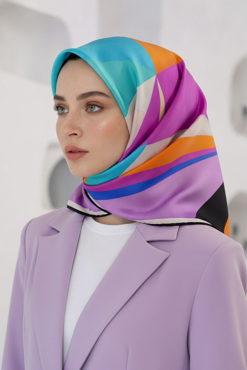 %100 Twill İpek Geometrik Desenli Fuşya - Turuncu Renkli 90x90 Eşarp Dikim Şekli : El Dikişi