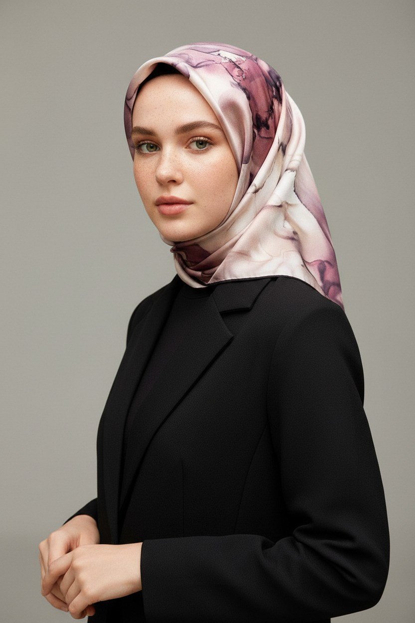 %100 Twill İpek Batik Çiçek Desenli Pudra - Bej Renkli 90x90 Eşarp Kenar Dikiş Şekli El Dikişli