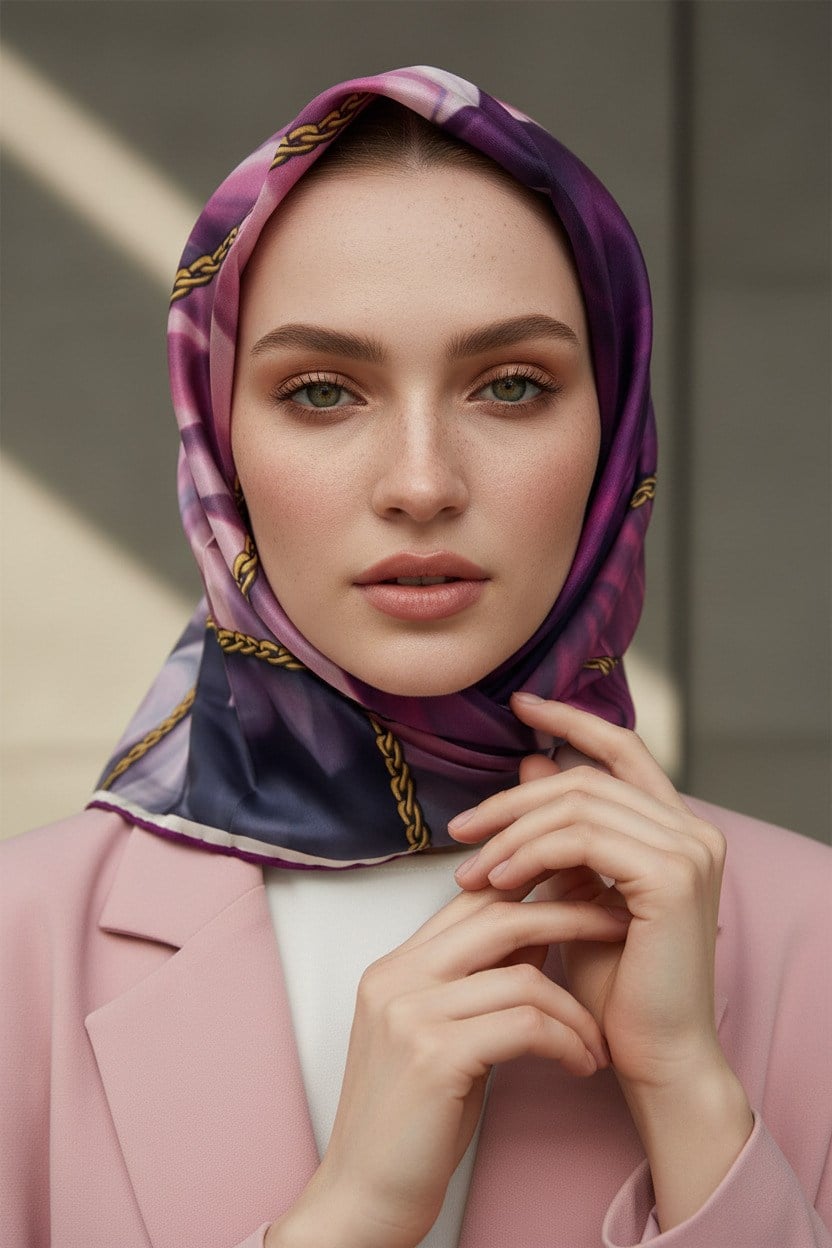 % 57 İPEK % 43 VİSKON Twill İpek Çiçek Geometrik Desenli fuşya Renkli 90x90 Eşarp Dikim Şekli : El Dikişi