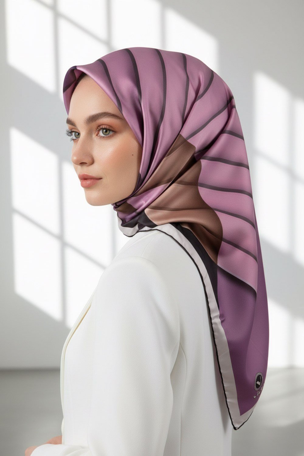 Rayon Zikzak Çizgi Desenli Lila Renkli 90x90 Eşarp (İpek İçermez) Dikim Şekli : El Dikişi