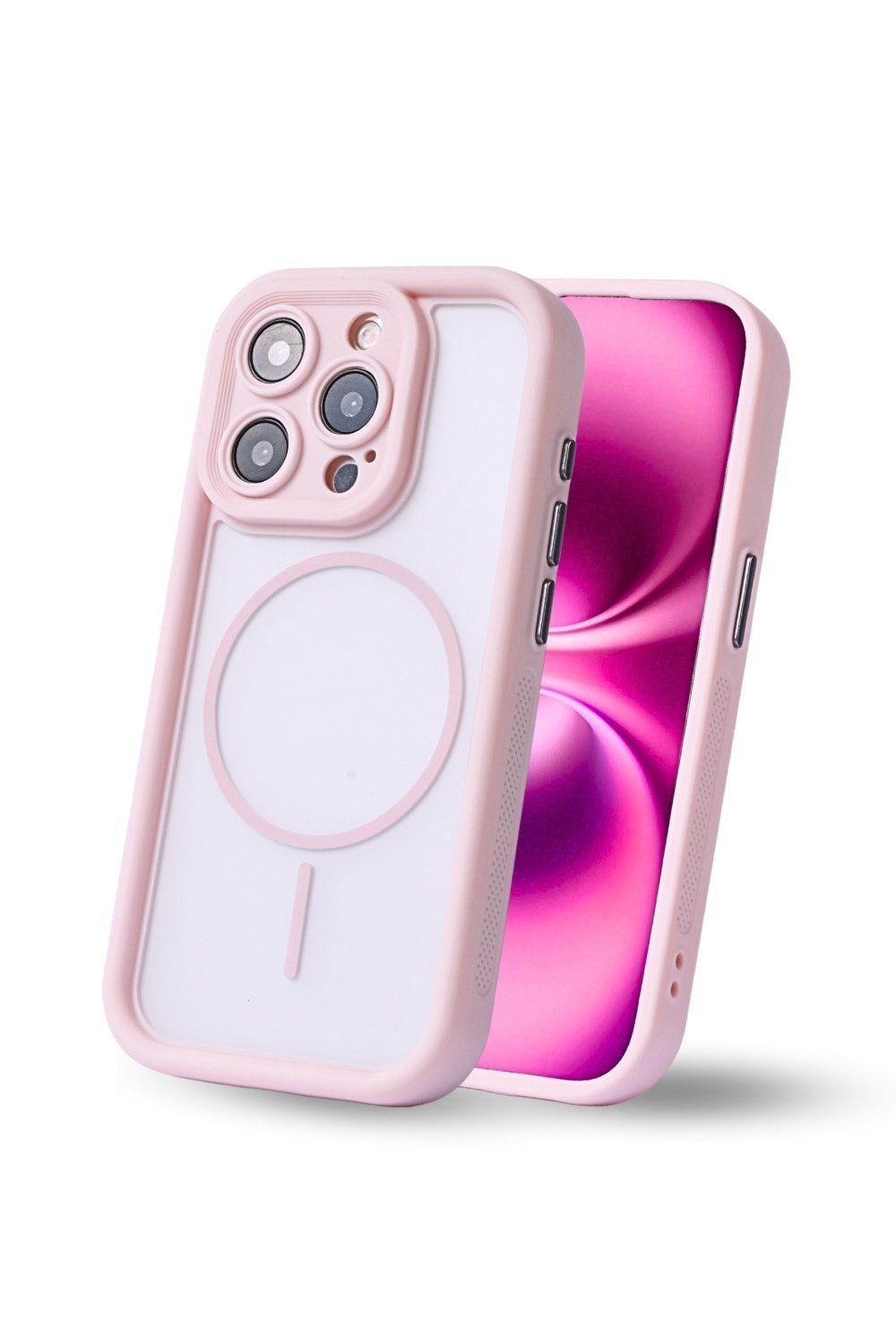 iPhone 15 Pro Kılıf – Kamera Korumalı – MagSafe Uyumlu – Pembe Renk – Mat Silikon Telefon Kılıfı