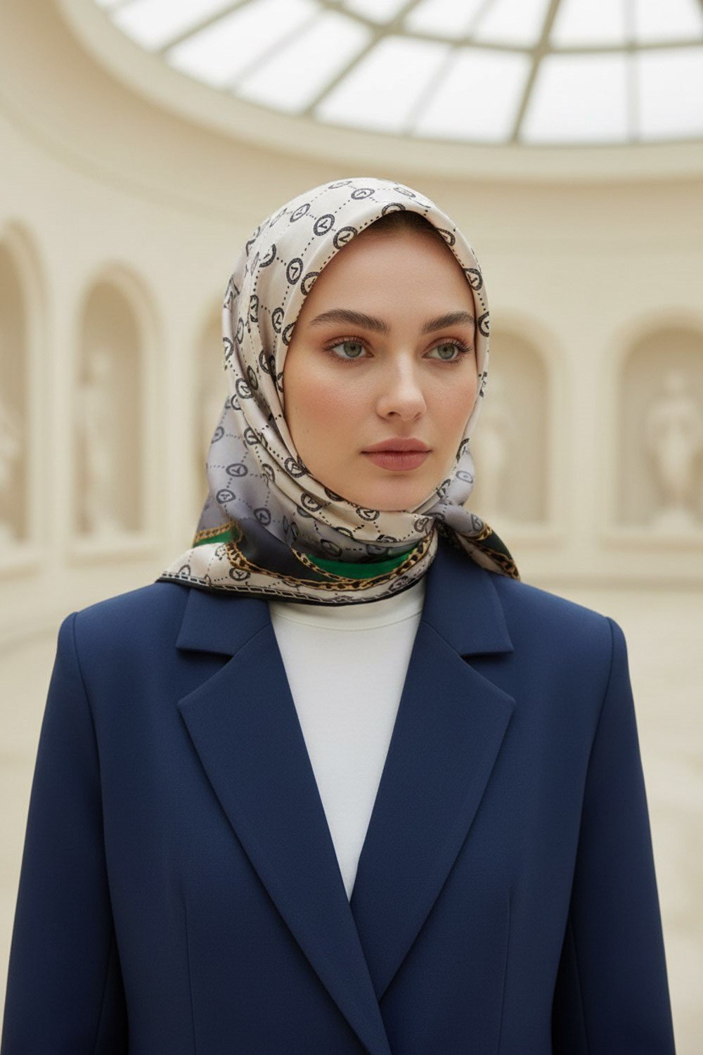 %100 Twill İpek Zincirli Ve Monogram Desenli Krem - Zümrüt Yeşili Renkli 90x90 Eşarp Dikim Şekli : El Dikişi