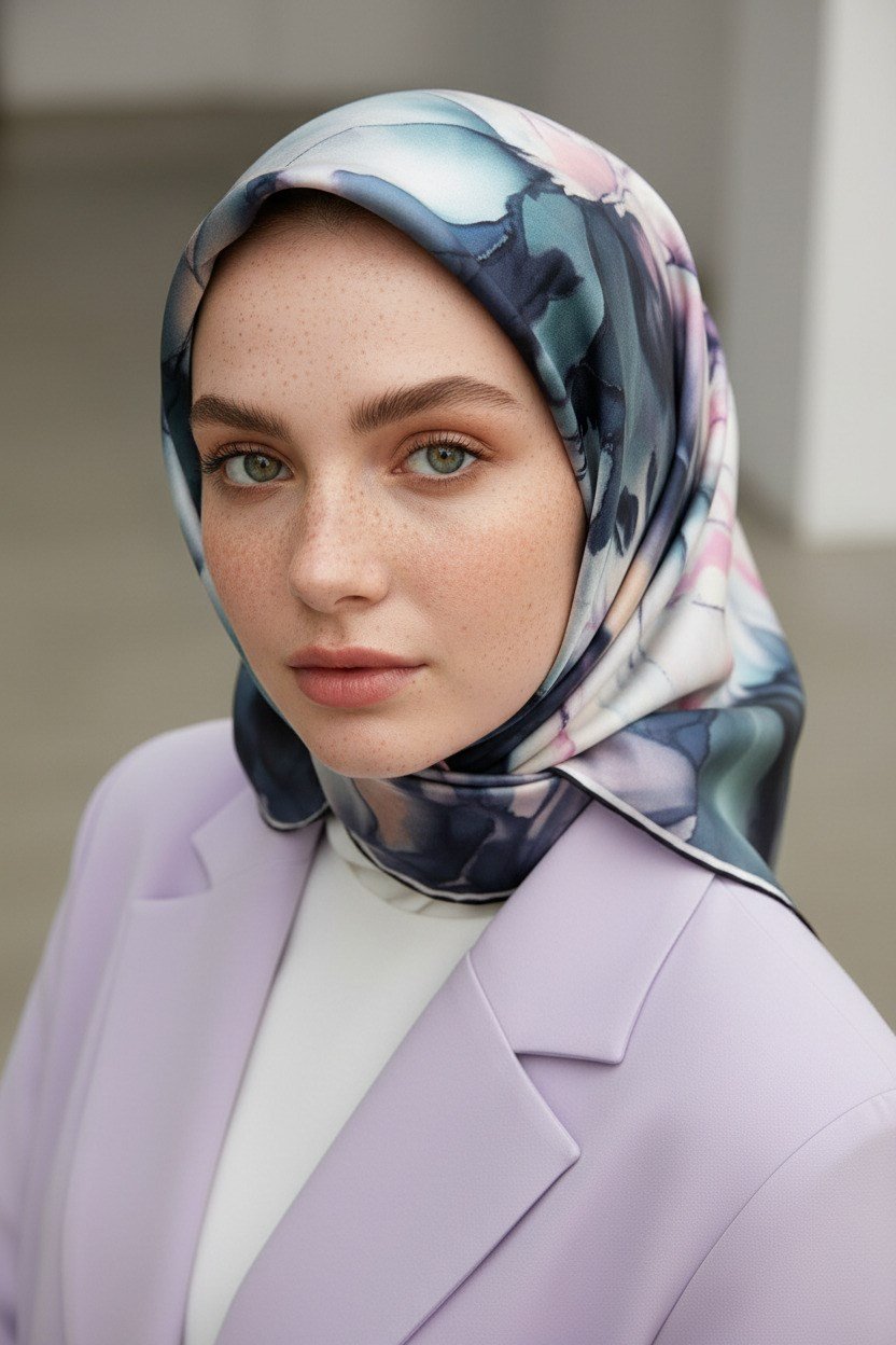 % 57 İPEK % 43 VİSKON Twill İpek Batik Çiçek Desenli Petrol Yeşili - Lila Renkli 90x90 Eşarp Kenar Dikiş Şekli El Dikişli