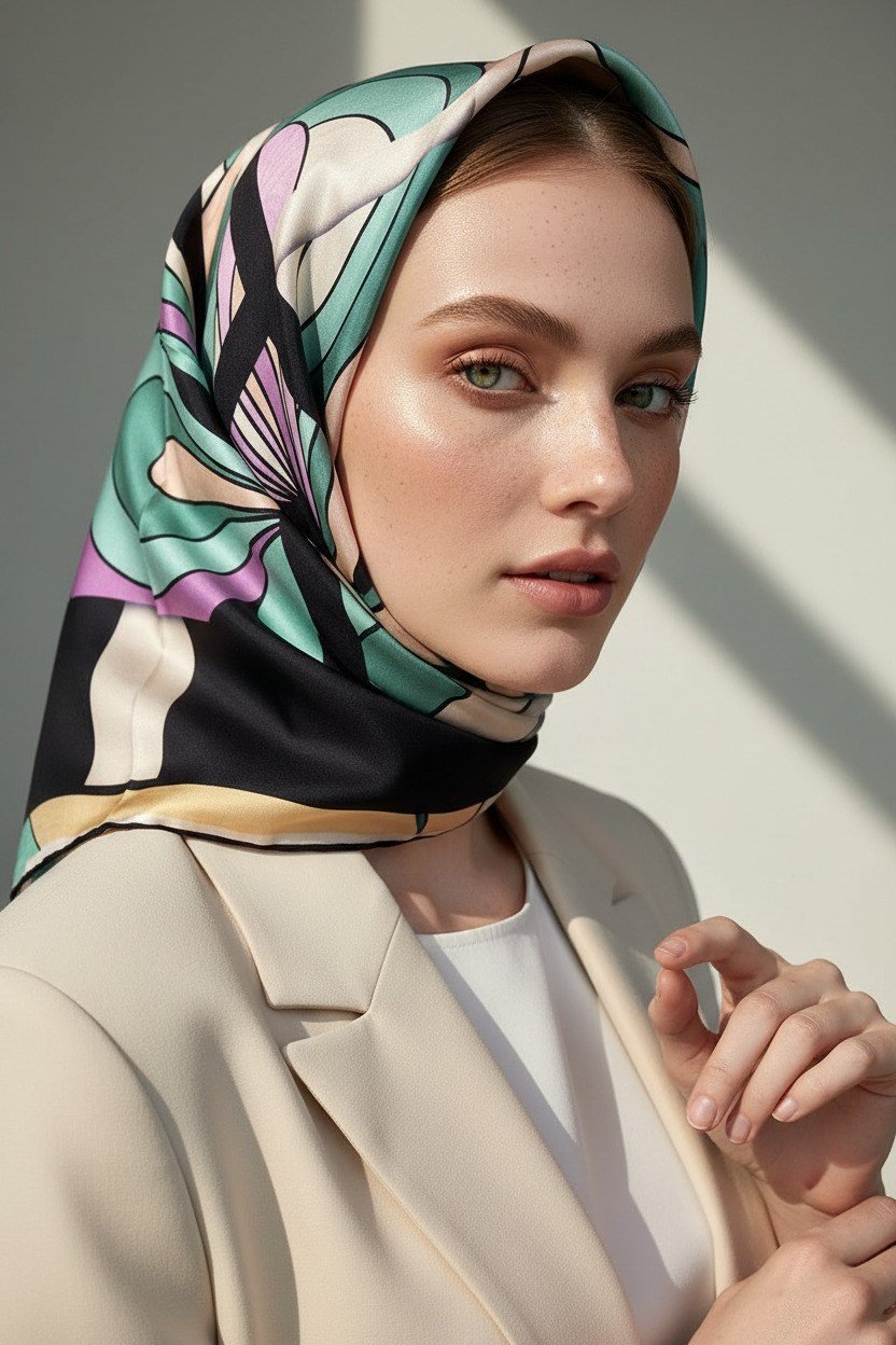 100% Twill İpek Geometrik Desenli Lacivert - Lila Renkli 90x90 Dikim Şekli : El Dikişi Eşarp