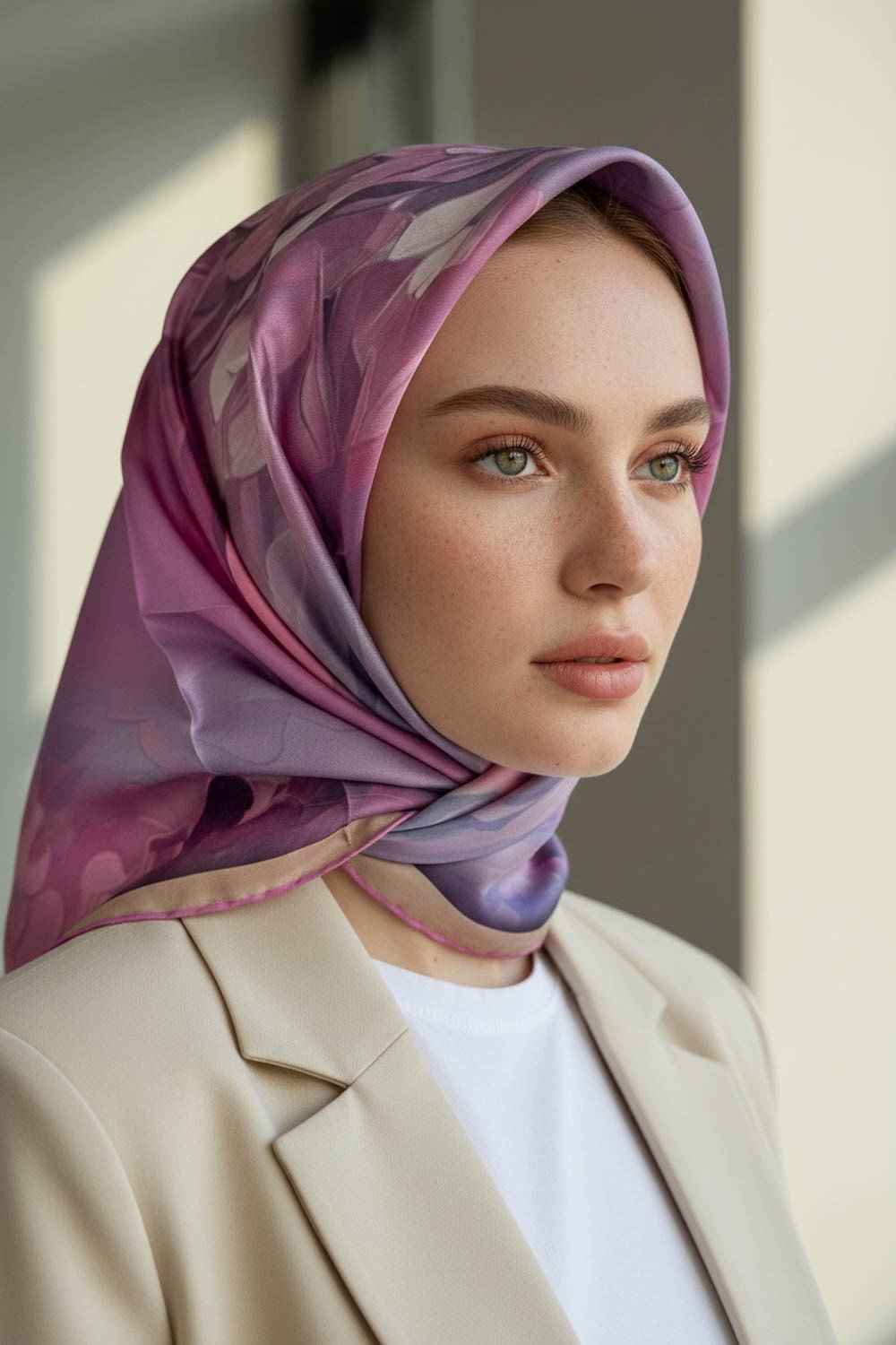 %100 Twill İpek Dumanlı Çiçek Desenli Pembe Renkli 90x90 Eşarp Kenar Dikiş Şekli El Dikişli