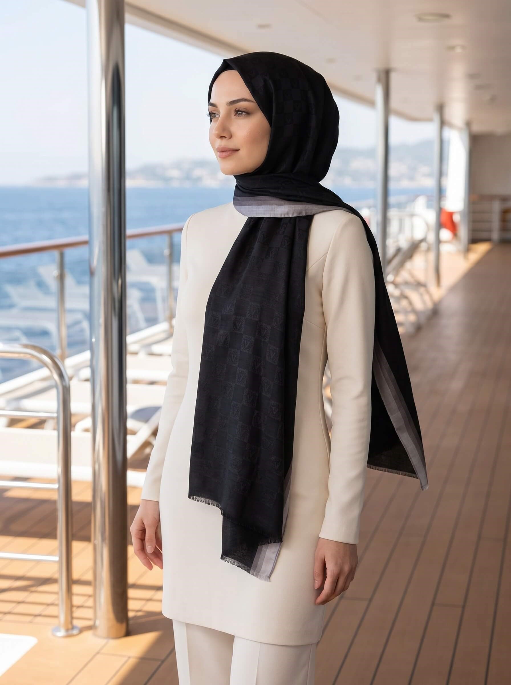 %57 İpek %43 Pamuk Monogram Dokumalı Siyah-Gri Renkli 70X190 Yumuşak Dökümlü Şal