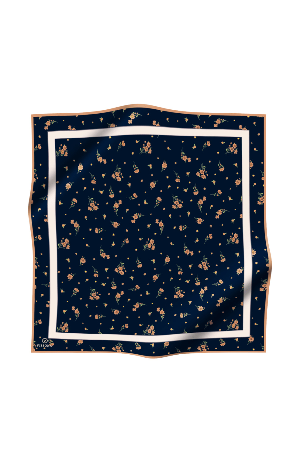 % 57 İPEK % 43 VİSKON Twill İpek Çıtır Çiçek Desenli Lacivert - Gold Renkli 90x90 Eşarp Dikim Şekli : El Dikişi