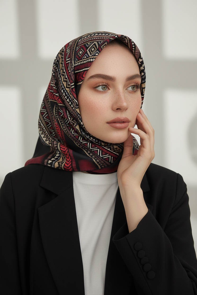 %100 Twill İpek Etnik Desenli Siyah - Bordo Renkli 90x90 Eşarp Dikim Şekli : El Dikişi