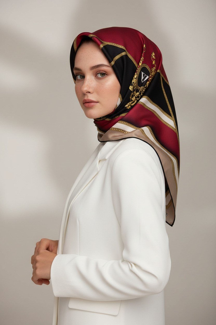 %100 Twill İpek Baroklu Ve Geometrik Desenli Bordo - Bej Renkli 90x90 Eşarp Dikim Şekli : El Dikişi