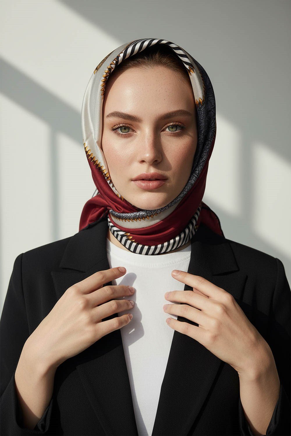 %100 Twill İpek Geometrik Desenli Bordo - Siyah Renkli 90x90 Eşarp Dikim Şekli : El Dikişi